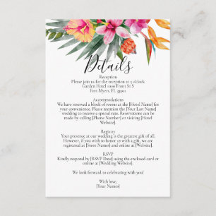 Colourful Tropical Floral Pink Wedding Details Enclosure Card