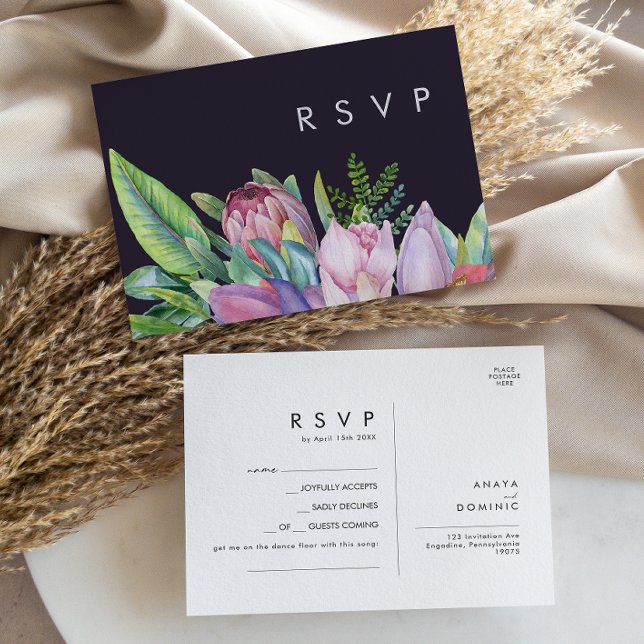 Colourful Tropical Floral Purple Song Request RSVP Postcard (Creator Uploaded)