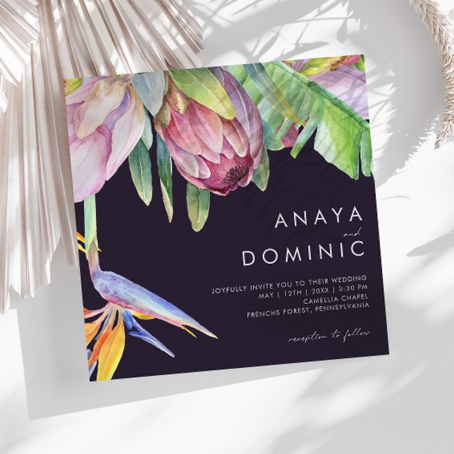Colourful Tropical Floral | Purple Square Wedding Invitation (Creator Uploaded)