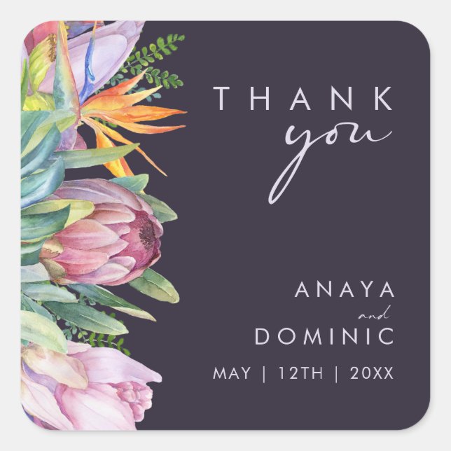 Colourful Tropical Floral Purple Thank You Wedding Square Sticker (Front)