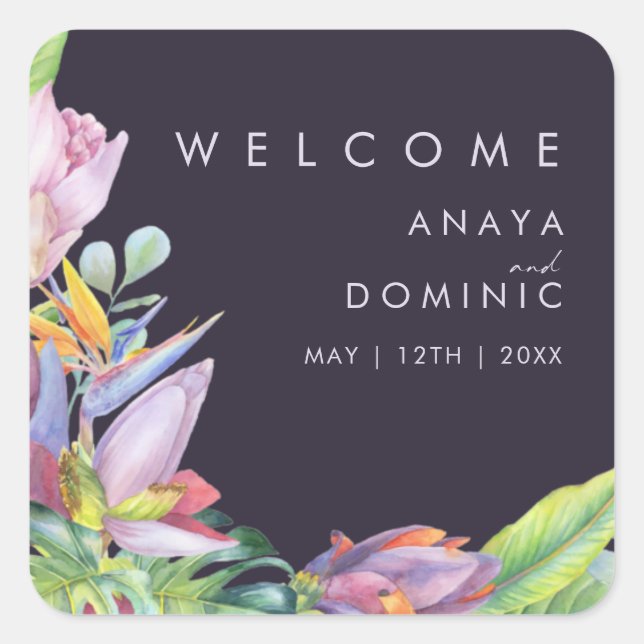 Colourful Tropical Floral | Purple Wedding Welcome Square Sticker (Front)