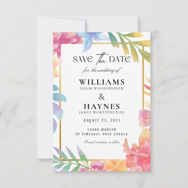 Colourful Tropical Floral Save the Date Card (Front)