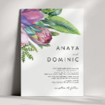 Colourful Tropical Floral | Traditional Wedding Invitation<br><div class="desc">This colourful tropical floral | traditional wedding invitation is perfect for your modern boho destination, green, purple, peach wedding. Design features an elegant bouquet of classic beach watercolor greenery and flowers that may include sage green eucalyptus, mauve and red protea, blush pink hibiscus, orange and blue bird of paradise, and...</div>