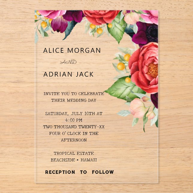Colourful Tropical Floral Wedding  Acrylic Invitations (Front)