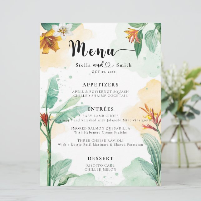 Colourful Tropical Floral Wedding Menu (Standing Front)