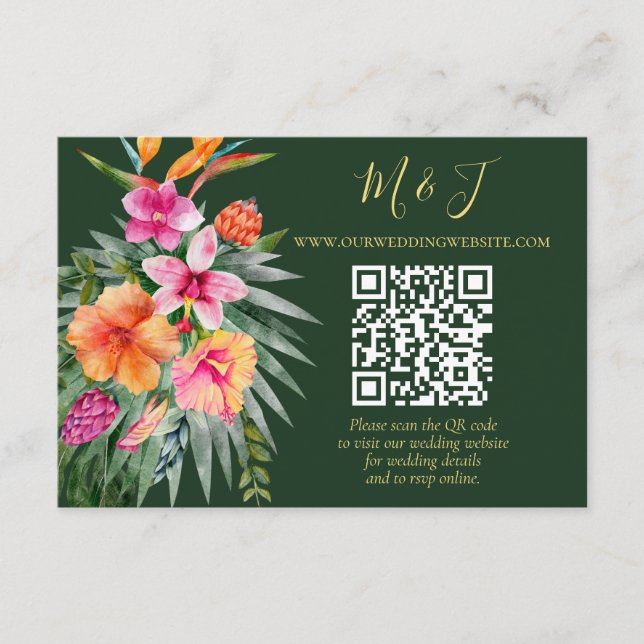 Colourful Tropical Floral Wedding QR Code Details Enclosure Card (Front)