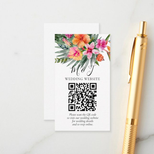 Colourful Tropical Floral Wedding QR Code Details Enclosure Card (Front/Back In Situ)