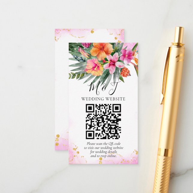 Colourful Tropical Floral Wedding QR Code Details Enclosure Card (Front/Back In Situ)
