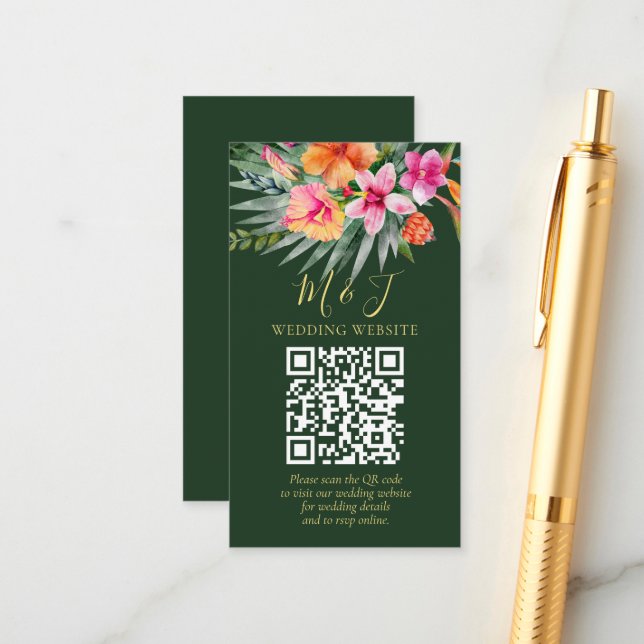 Colourful Tropical Floral Wedding QR Code Details Enclosure Card (Front/Back In Situ)