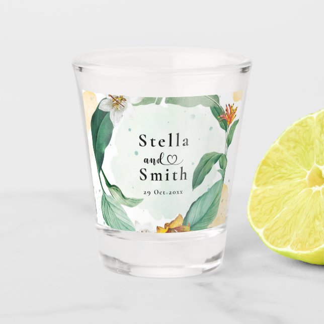Colourful Tropical Floral Wedding Shot Glass (Front)