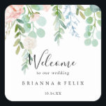 Colourful Tropical Floral Wedding Welcome Square Sticker<br><div class="desc">This colourful tropical floral wedding welcome square sticker is perfect for a destination wedding. The design features illustrated white,  yellow,  pink,  blush flowers with beautifully watercolor green leaves,  inspiring elegance.

These labels are perfect for hotel guest welcome bags and destination weddings.</div>