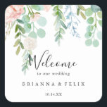 Colourful Tropical Floral Wedding Welcome Square Sticker<br><div class="desc">This colourful tropical floral wedding welcome square sticker is perfect for a destination wedding. The design features illustrated white,  yellow,  pink,  blush flowers with beautifully watercolor green leaves,  inspiring elegance.

These labels are perfect for hotel guest welcome bags and destination weddings.</div>