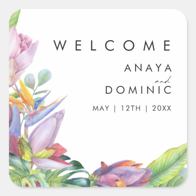 Colourful Tropical Floral | Wedding Welcome Sticke Square Sticker (Front)