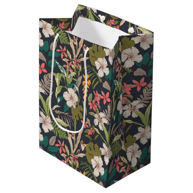 Colourful Tropical Flower Pattern Medium Gift Bag (Front Angled)