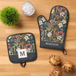 Colourful Tropical Flower Pattern Oven Mitt & Pot Holder Set