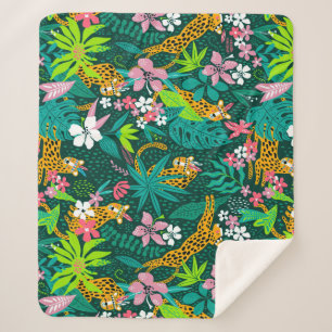 Colourful tropical flowers and animals pattern sherpa blanket