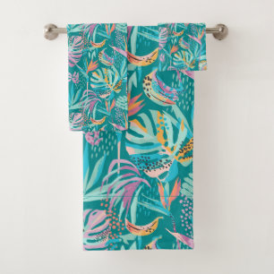 Colourful tropical flowers and leaves pattern bath towel set