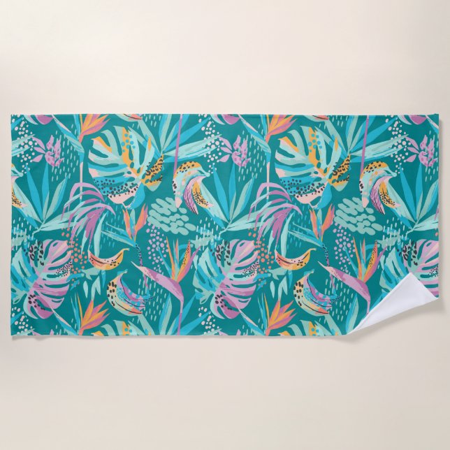 Colourful tropical flowers and leaves pattern beach towel (Front)
