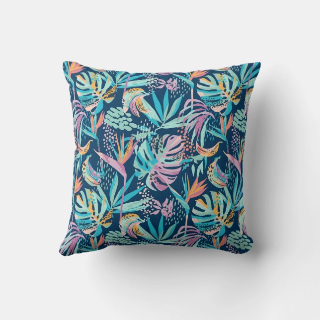 Colourful tropical flowers and leaves pattern cushion (Back)