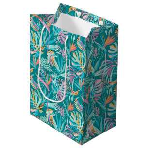 Colourful tropical flowers and leaves pattern medium gift bag