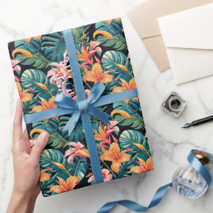 Colourful Tropical Flowers and Leaves Wrapping Paper