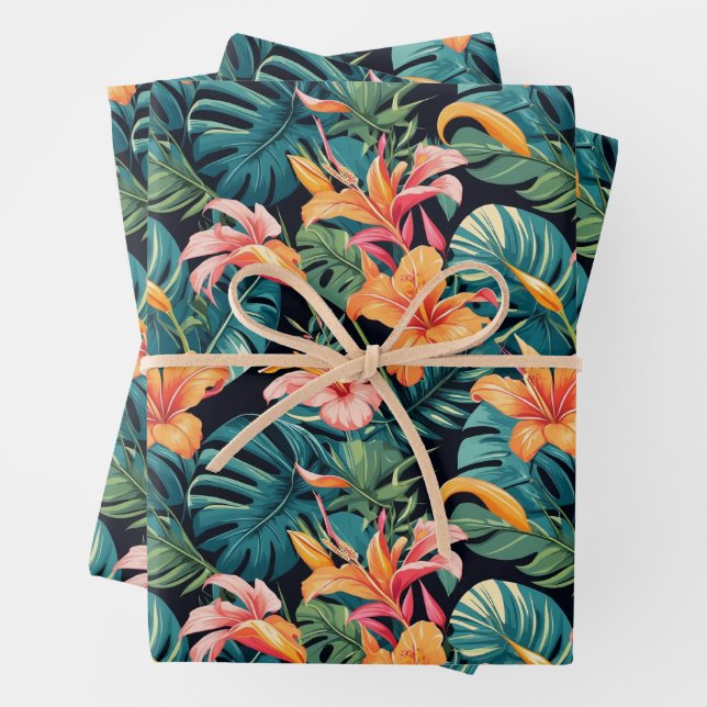 Colourful Tropical Flowers and Leaves  Wrapping Paper Sheet (In situ)