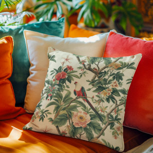 Colourful Tropical Flowers Birds Cushion