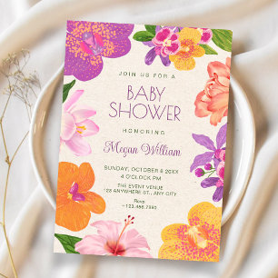 Colourful tropical flowers bloom baby shower invitation