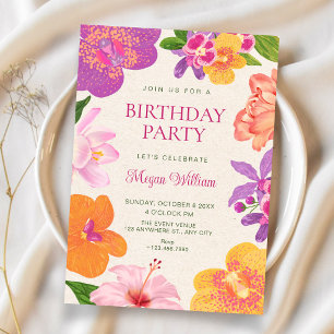 Colourful tropical flowers bloom birthday invitation