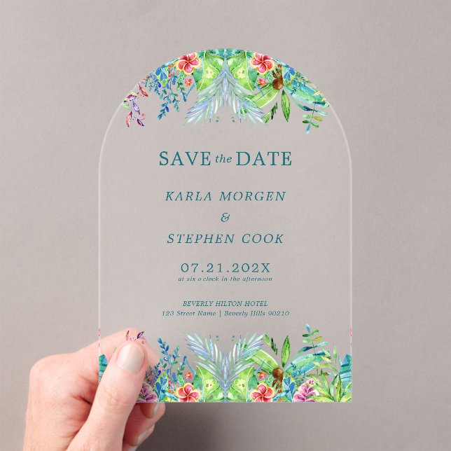 Colourful Tropical Flowers Border Acrylic Invitations (Insitu (Handheld))