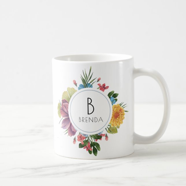 Colourful Tropical Flowers Bouquet Monogram Coffee Mug (Right)