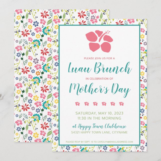 Colourful Tropical Flowers Brunch Luau Mothers Day Invitation (Front/Back)