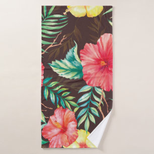 Colourful Tropical Flowers Dark Background Bath Towel