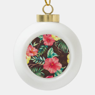 Colourful Tropical Flowers Dark Background Ceramic Ball Christmas Ornament