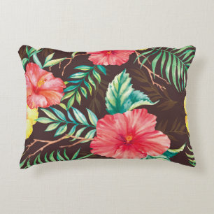 Colourful Tropical Flowers Dark Background Decorative Cushion