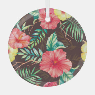Colourful Tropical Flowers Dark Background Glass Tree Decoration