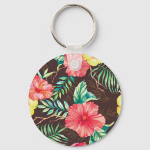 Colourful Tropical Flowers Dark Background Key Ring
