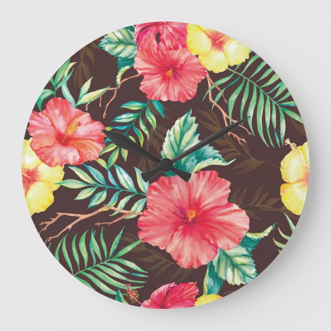 Colourful Tropical Flowers Dark Background Large Clock (Front)