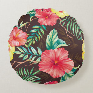 Colourful Tropical Flowers Dark Background Round Cushion