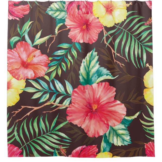 Colourful Tropical Flowers Dark Background Shower Curtain (Front)
