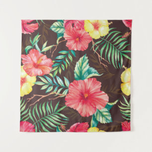 Colourful Tropical Flowers Dark Background Tapestry