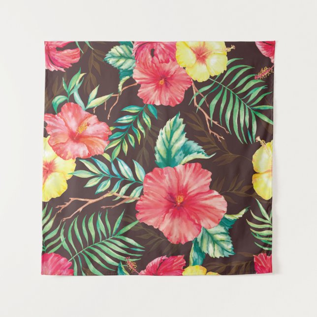 Colourful Tropical Flowers Dark Background Tapestry (Front)