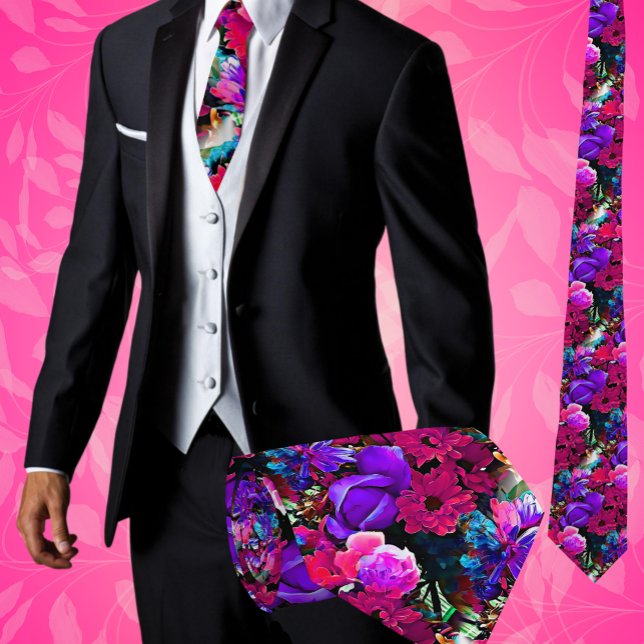 Colourful Tropical Flowers Floral Artistic Neck Ti Tie (Beautiful Abstract Floral Neck Tie for the office, weddings or special occasions)