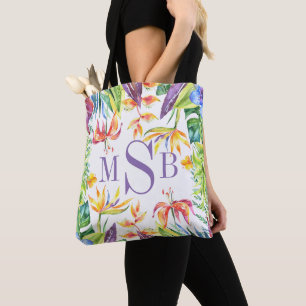 Colourful tropical flowers frame Monogram Tote Bag