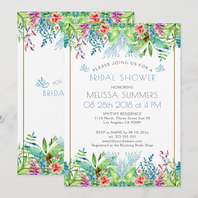 Colourful Tropical Flowers Gold Accent Invitation (Front/Back)