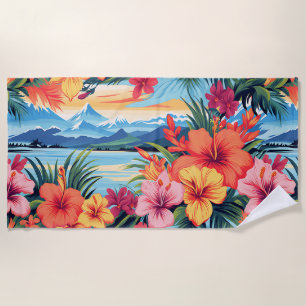 Colourful Tropical Flowers & Landscape Beach Towel