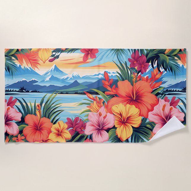 Colourful Tropical Flowers & Landscape Beach Towel (Front)