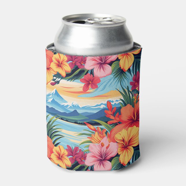 Colourful Tropical Flowers & Landscape Can Cooler (Can Front)