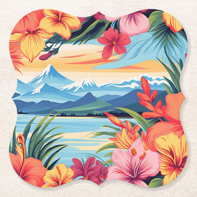Colourful Tropical Flowers & Landscape Paper Coaster (Front)