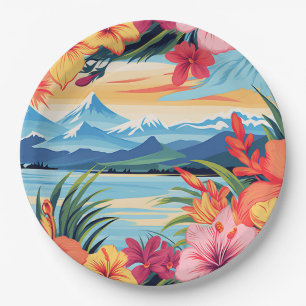 Colourful Tropical Flowers & Landscape Paper Plate